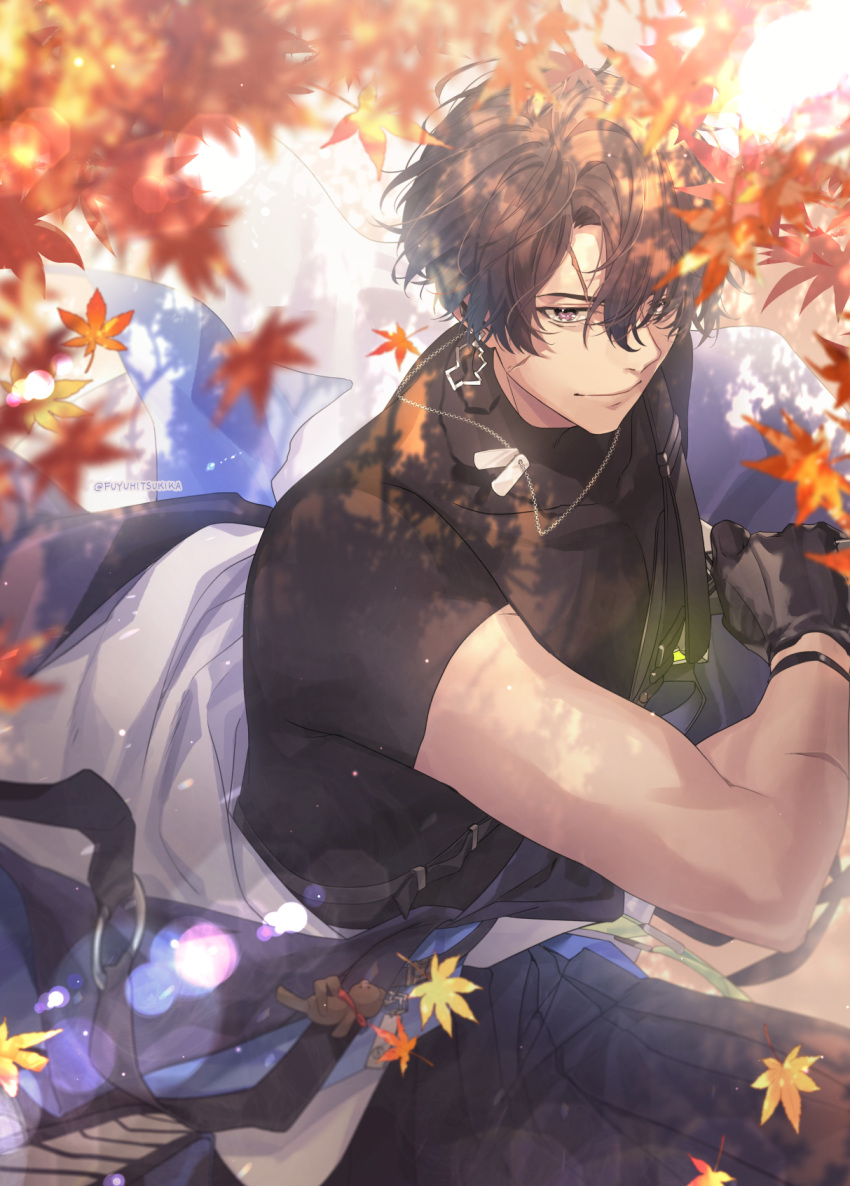 1boy, aki_(girls'_frontline_nc), autumn, bear_charm, black_gloves, black_hair, black_shirt, commentary_request