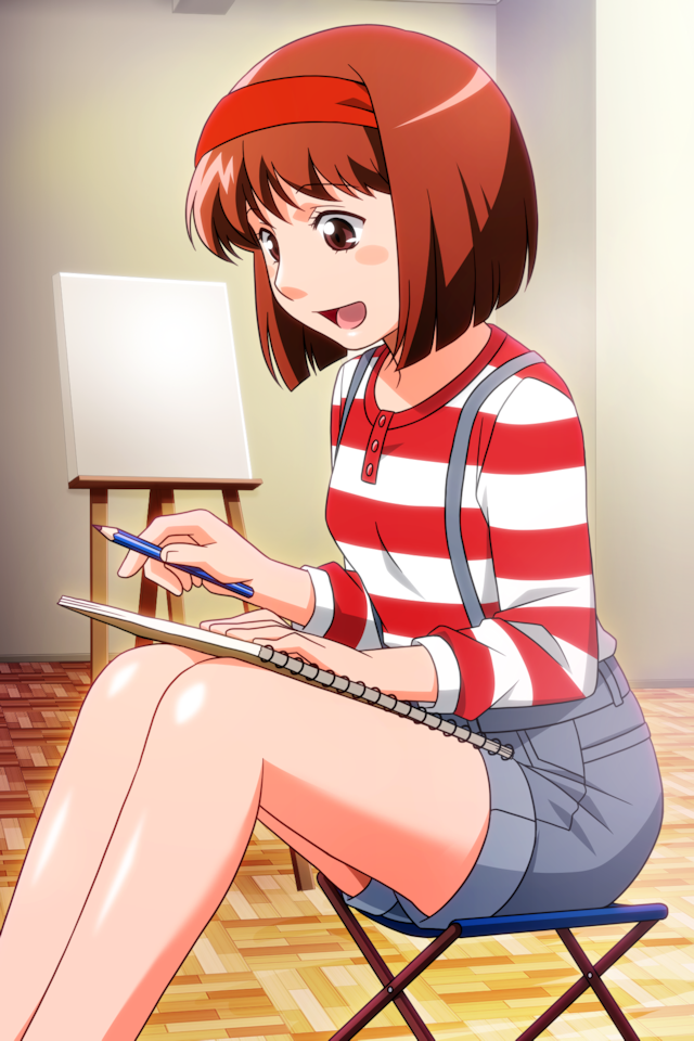 1girl, bangs, blush_stickers, brown_eyes, brown_hair, canvas_(object), feet_out_of_frame, hairband