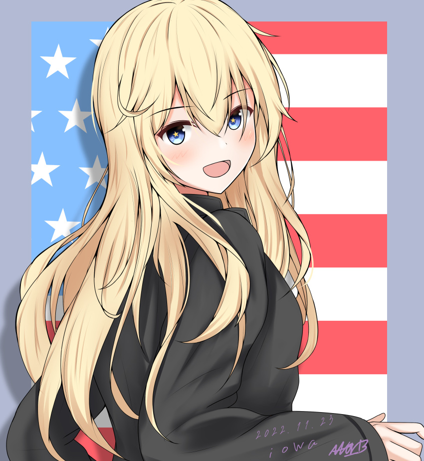 1girl, :d, abataa, absurdres, alternate_costume, american_flag, black_sweater, blonde_hair