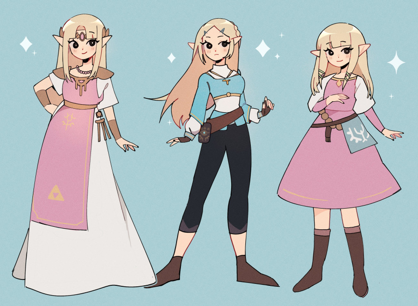 3girls, apron, armor, bangs, bead_necklace, beads, black_gloves, black_pants, blonde_hair, blue_background, blue_shirt, blunt_bangs, boots, bracelet, breasts, brown_footwear, crown, dress, fingerless_gloves, gloves, green_ribbon, hair_ornament, hair_ribbon, hairclip, hands_up, highres, jewelry, light_blush, long_dress, long_hair, long_sleeves, looking_at_viewer, medium_breasts, medium_dress, milkoe, multiple_girls, multiple_views, necklace, pants, parted_bangs, pink_apron, pink_dress, pointy_ears, princess_zelda, ribbon, shirt, short_sleeves, shoulder_armor, sidelocks, smile, sparkle, standing, super_smash_bros., the_legend_of_zelda, the_legend_of_zelda:_breath_of_the_wild, the_legend_of_zelda:_skyward_sword, variations, white_dress