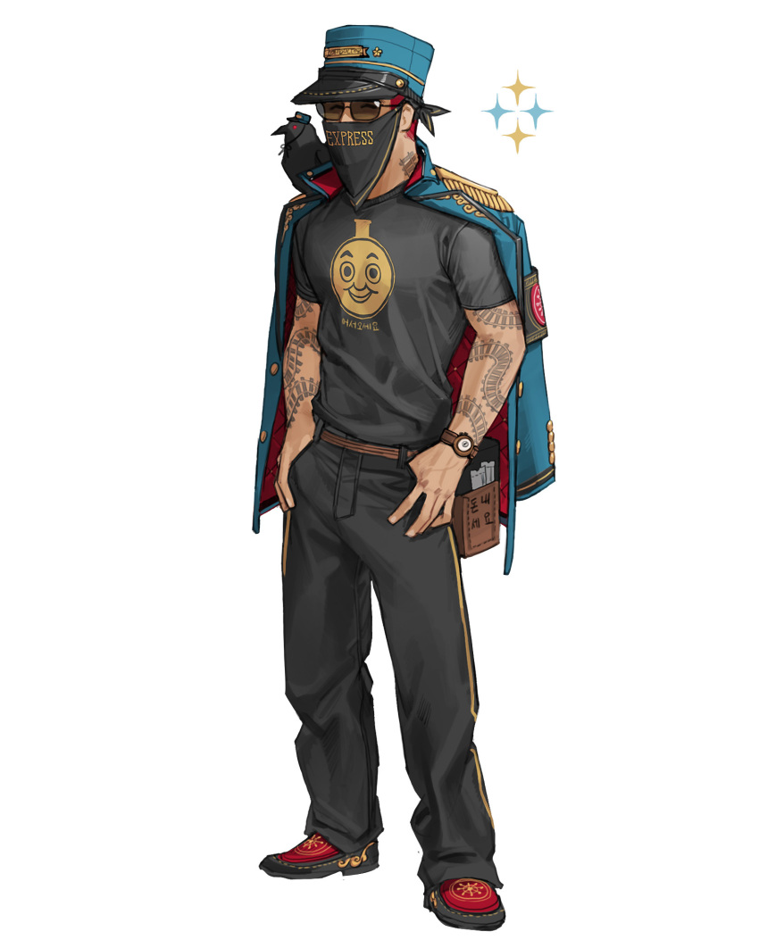 1boy, arm_tattoo, belt, bird, black_pants, black_shirt, blue_headwear, brown_belt