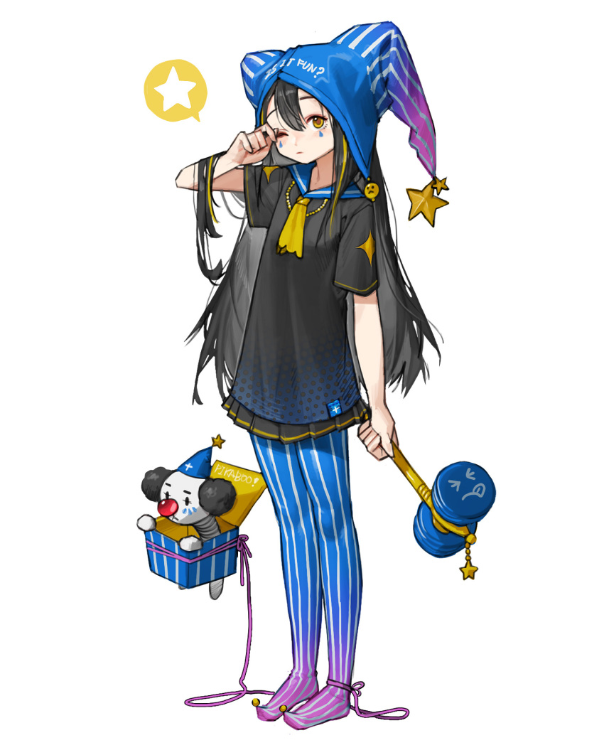 1girl, black_hair, black_shirt, blue_headwear, full_body, hammer, hand_up, highres