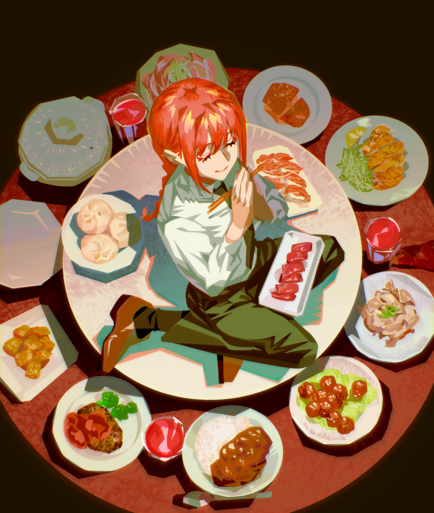 1girl, bangs, black_socks, braid, brown_footwear, chainsaw_man, chopsticks, closed_eyes, collared_shirt, food, from_above, full_body, green_necktie, green_pants, hashima_(hashima-dr), holding, holding_chopsticks, kneeling, long_sleeves, makima_(chainsaw_man), necktie, own_hands_together, pants, plate, praying, redhead, rice, shirt, sidelocks, single_braid, smile, socks, solo, steak, surrounded, sushi, white_shirt
