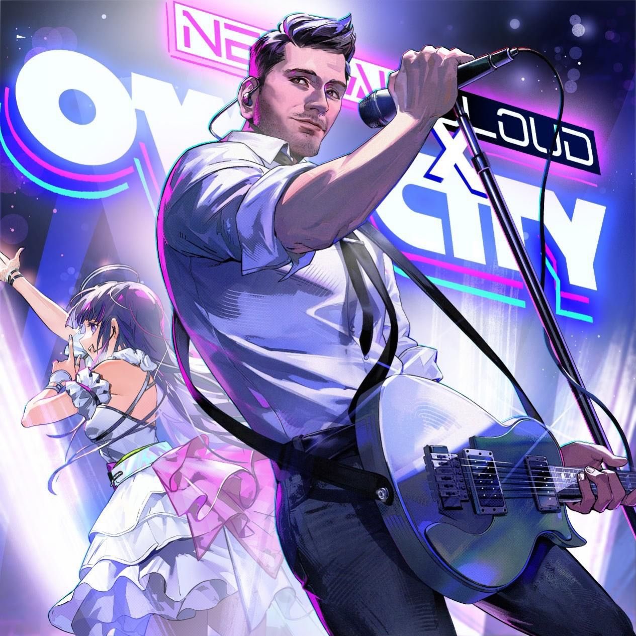 1boy, 1girl, adam_young, artist_request, black_hair, black_necktie, collared_shirt, copyright_name, cowboy_shot, dress, earpiece, facial_hair, frilled_dress, frills, girls'_frontline_neural_cloud, girls_frontline, guitar, headset, highres, holding, holding_instrument, holding_microphone, instrument, long_hair, microphone, nanaka_(girls'_frontline_nc), necktie, owl_city, pants, shirt, short_hair, sleeve_rolled_up, smile, stage, stubble, white_dress, white_shirt