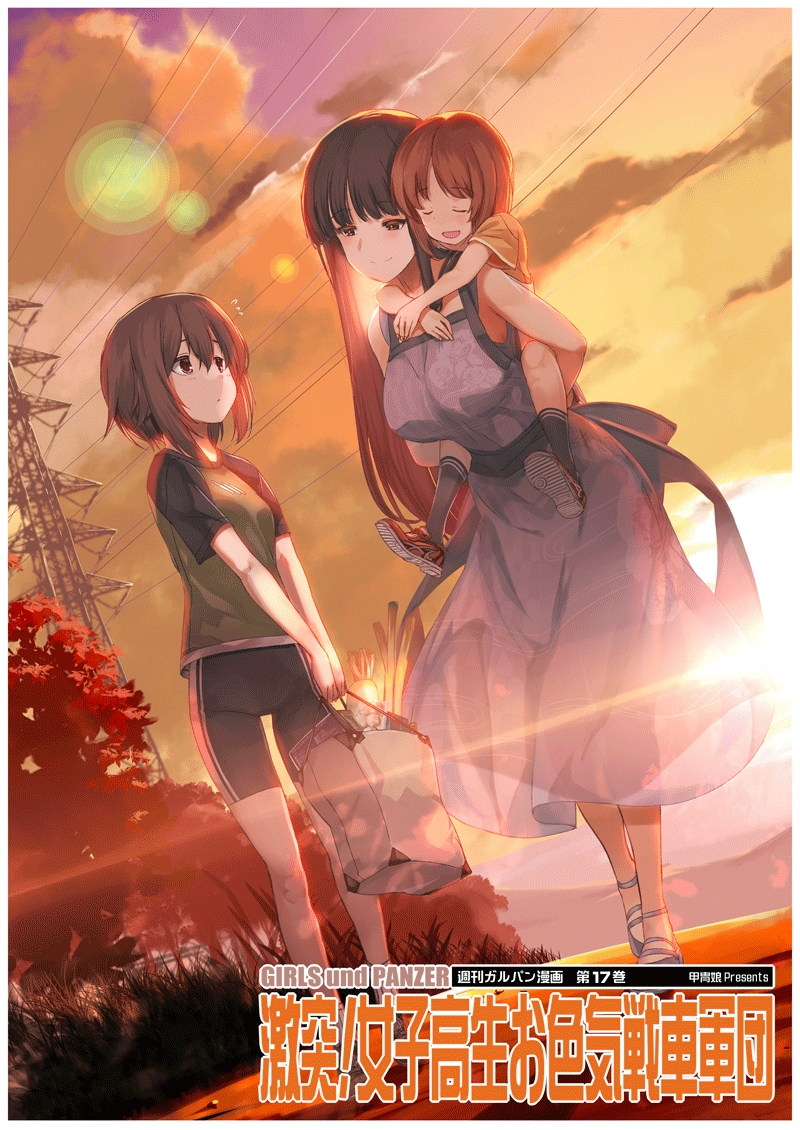 3girls, aged_down, arms_around_neck, back_bow, backlighting, bag, bangs, bike_shorts