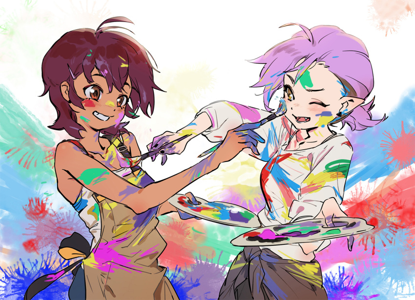 2girls, amity_blight, apron, black_nails, brown_apron, brown_hair, highres, kuma20151225, luz_noceda, multicolored_hair, multiple_girls, one_eye_closed, paint, paint_on_clothes, paint_splatter, paint_splatter_on_face, paintbrush, pointy_ears, purple_hair, shirt, sleeveless, the_owl_house, two-tone_hair, upper_body, white_shirt, yuri
