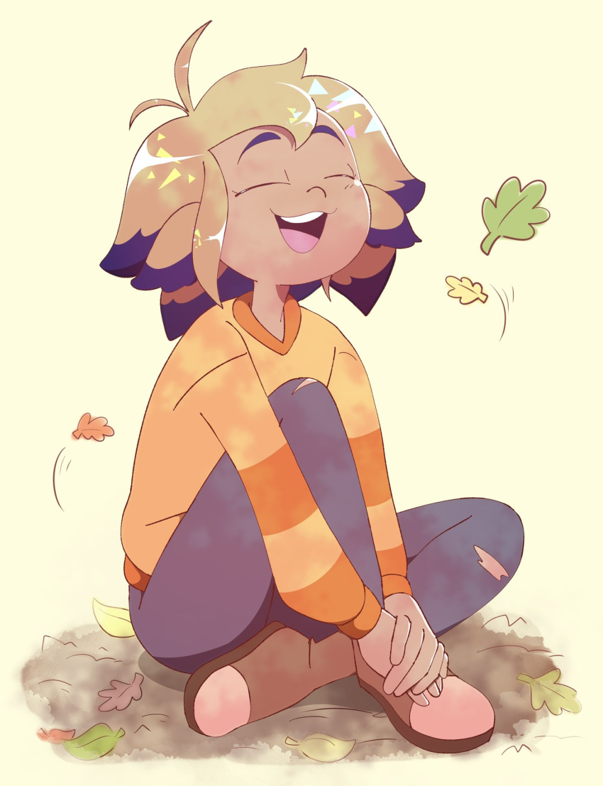 1girl, black_pants, brown_footwear, closed_eyes, full_body, highres, honneibun, leaf, long_sleeves, open_mouth, orange_shirt, pants, shadow, shirt, shoes, sitting, smile, solo, the_owl_house, torn_clothes, torn_pants, vee_(the_owl_house), yellow_background