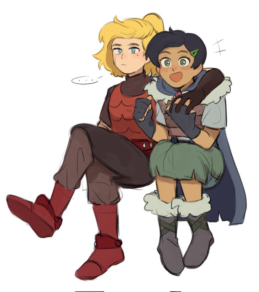 ..., 2girls, amphibia, black_footwear, black_gloves, black_pants, blonde_hair, blue_eyes, blush, boots, cape, fingerless_gloves, full_body, gloves, green_eyes, green_skirt, grey_shirt, hair_ornament, hairclip, highres, long_hair, marcy_wu, mole, mole_under_eye, multiple_girls, nesquik_helado, open_mouth, pants, ponytail, red_footwear, sasha_waybright, shirt, short_hair, short_sleeves, simple_background, sitting, skirt, smile, spoken_ellipsis, white_background