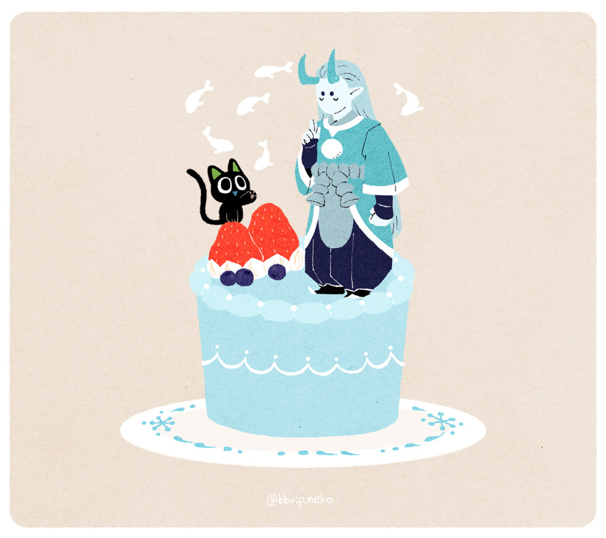 1boy, aqua_hair, aqua_horns, bbvip_neko, black_cat, black_footwear, black_pants, blueberry