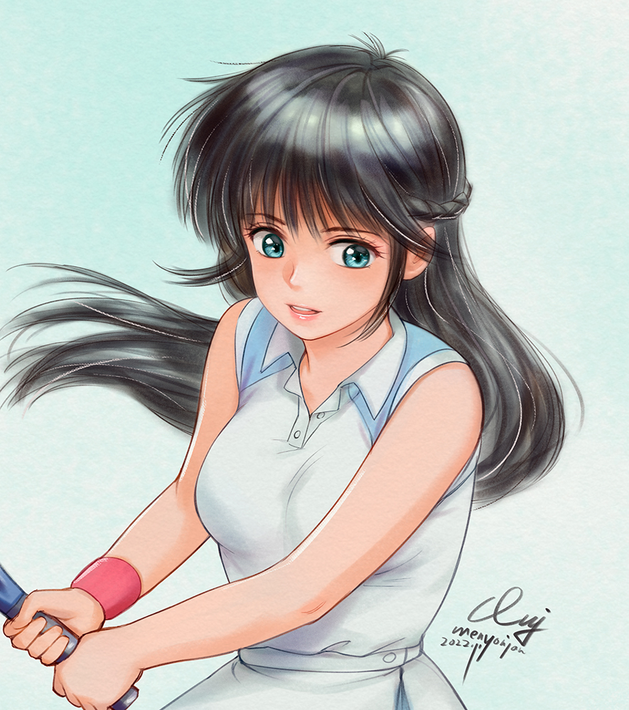 1980s_(style), 1girl, 2022, artist_name, ayukawa_madoka, bangs, black_hair, blue_eyes