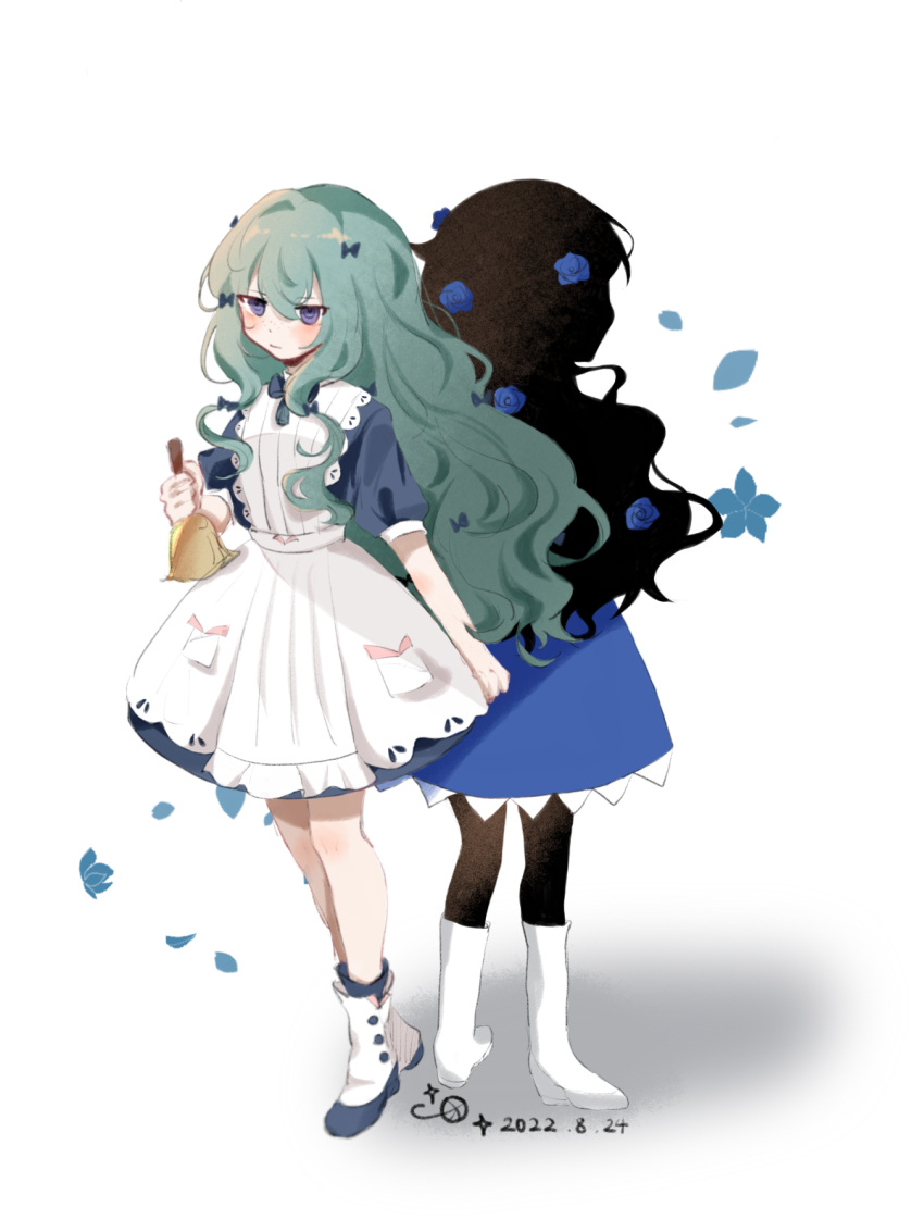 2girls, apron, bangs, barbara_(shadows_house), barbie_(shadows_house), bell, black_skin, blue_dress, blue_flower, blue_rose, blush, bow, colored_skin, dress, flower, freckles, frills, full_body, green_hair, hair_between_eyes, hair_bow, hair_flower, hair_ornament, hehetuan, highres, holding, long_hair, multiple_girls, puffy_short_sleeves, puffy_sleeves, rose, shadow_(shadows_house), shadows_house, short_sleeves, sidelocks, standing, white_apron