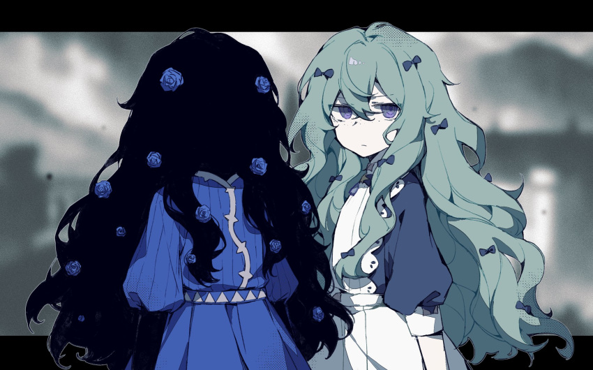 2girls, apron, bangs, barbara_(shadows_house), barbie_(shadows_house), black_skin, blue_dress, blue_flower