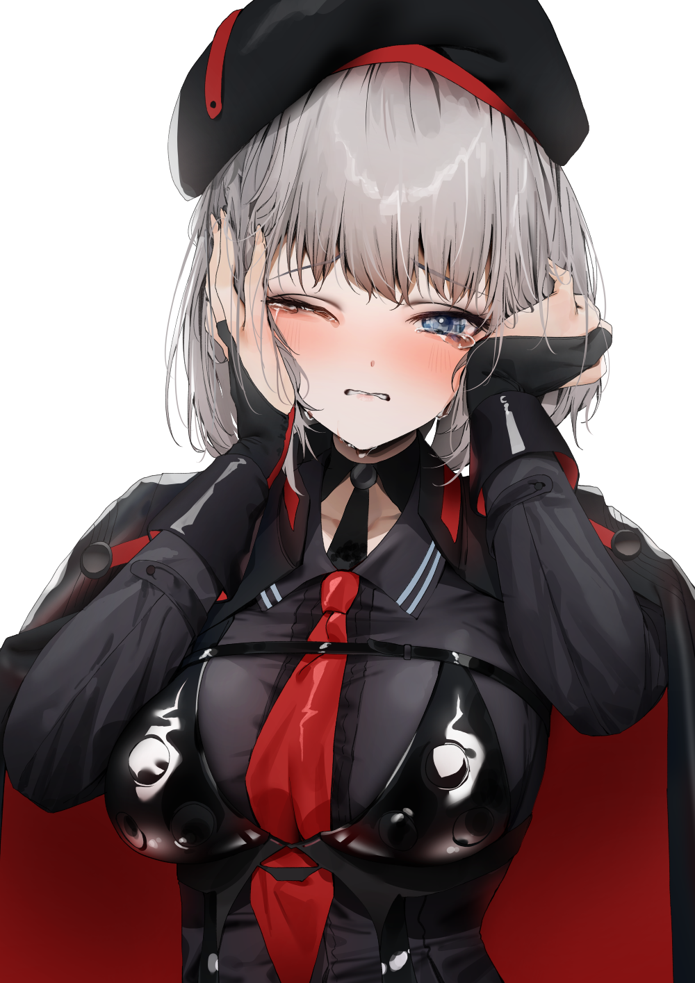 1girl, bangs, belt, beret, black_shirt, blue_eyes, blush, boobplate, breasts, bridal_gauntlets, cape, collarbone, collared_shirt, commentary, crying, goddess_of_victory:_nikke, grey_hair, hands_on_own_cheeks, hands_on_own_face, hands_up, hat, highres, large_breasts, long_sleeves, looking_at_viewer, necktie, one_eye_closed, poharo, red_necktie, shirt, short_hair, sidelocks, simple_background, solo, two-sided_cape, two-sided_fabric, upper_body, vesti_(nikke), white_background