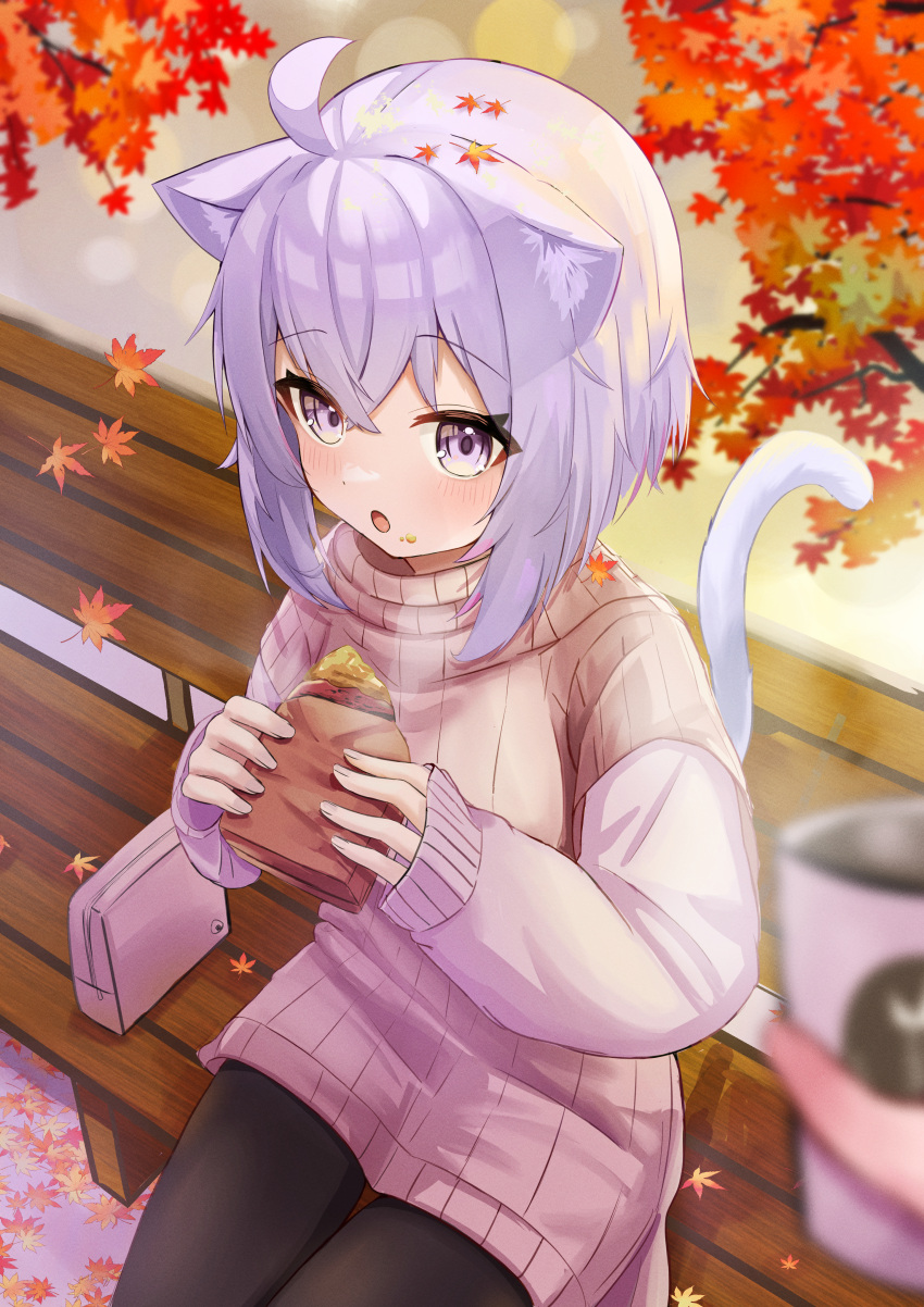 1girl, absurdres, ahoge, animal_ear_fluff, animal_ears, autumn, autumn_leaves, bag