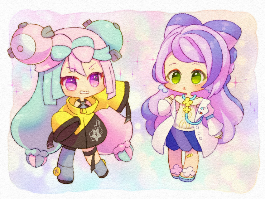 bow-shaped_hair, character_hair_ornament, earrings, flower_earrings, grey_pantyhose, hair_ornament, iono_(pokemon), jacket, jewelry, long_hair, low-tied_long_hair, miriam_(pokemon), multicolored_hair, oversized_clothes, pantyhose, pink_eyeliner, pokemon, pokemon_(game), pokemon_sv, sanyaso, single_leg_pantyhose, sleeves_past_fingers, sleeves_past_wrists, split-color_hair, stethoscope, very_long_sleeves, x, yellow_jacket