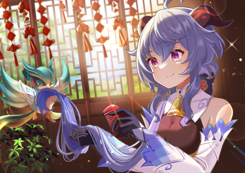 1girl, ahoge, bangs, bare_shoulders, bell, black_gloves, blue_hair, blush