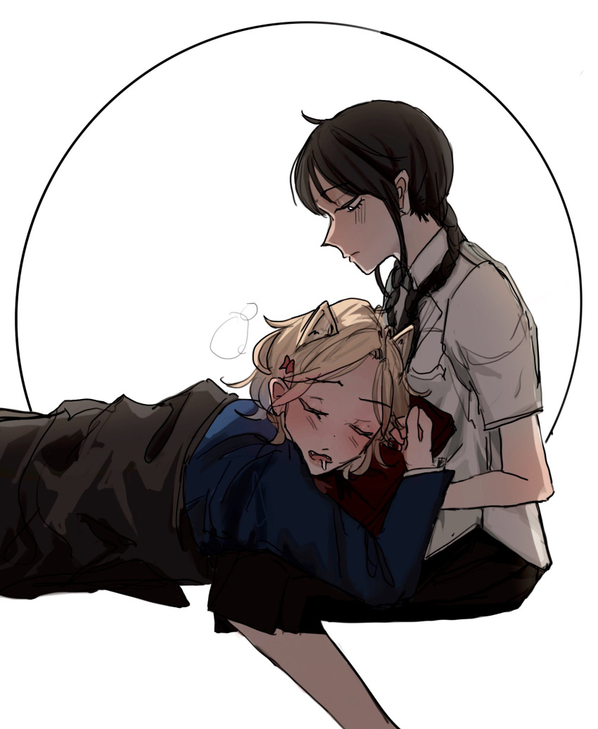 2girls, addams_family, animal_ears, black_hair, blonde_hair, blush, drooling, enid_sinclair, euyaei, gothic, highres, jacket, lap_pillow, long_hair, multiple_girls, school_uniform, sleeping, wednesday_(netflix), wednesday_addams, werewolf, white_background, wolf_ears, yuri
