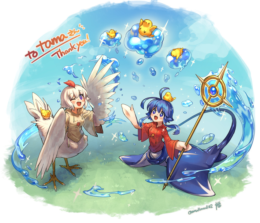 2girls, absurdres, ahoge, animal, animal_on_head, arm_up, artist_name, bird