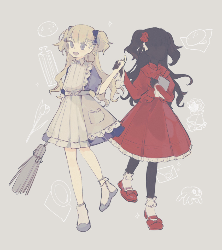 2girls, apron, bangs, black_hair, black_skin, blonde_hair, blue_bow, blue_dress