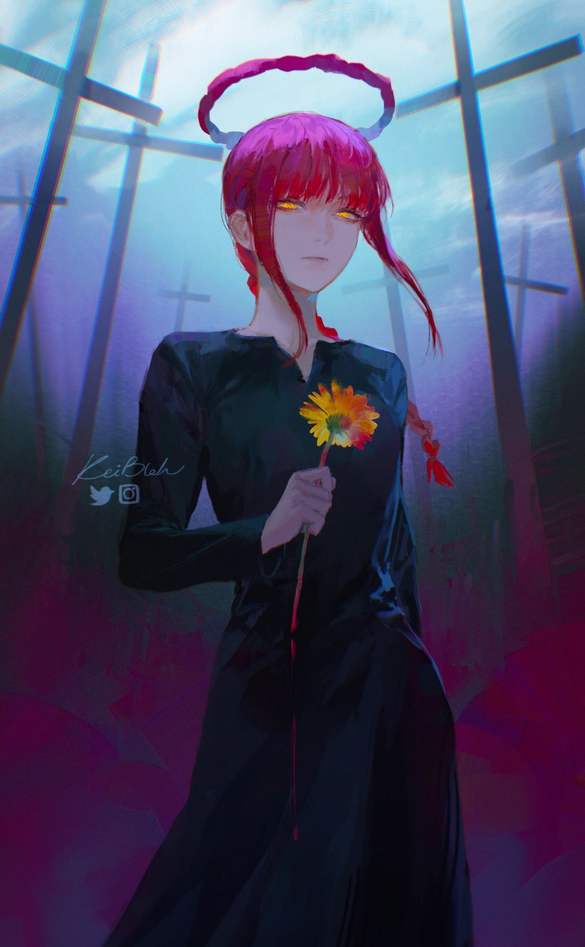 1girl, bangs, black_dress, blood, blood_drip, blood_on_flower, blue_sky, blurry