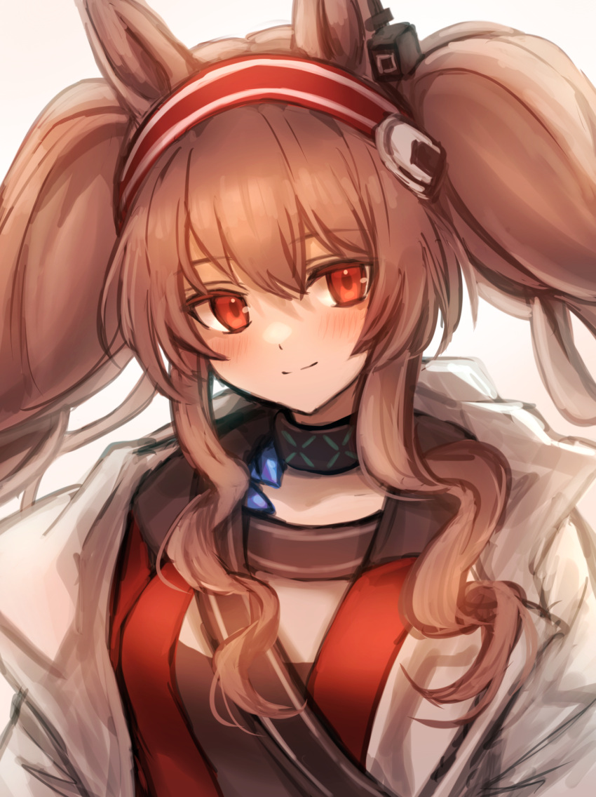 1girl, 3_(sanyako1), angelina_(arknights), arknights, black_collar, black_shirt, blush, brown_hair