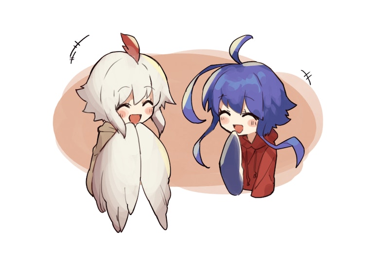 +++, 2girls, :d, ^_^, ahoge, blue_hair, blush, closed_eyes