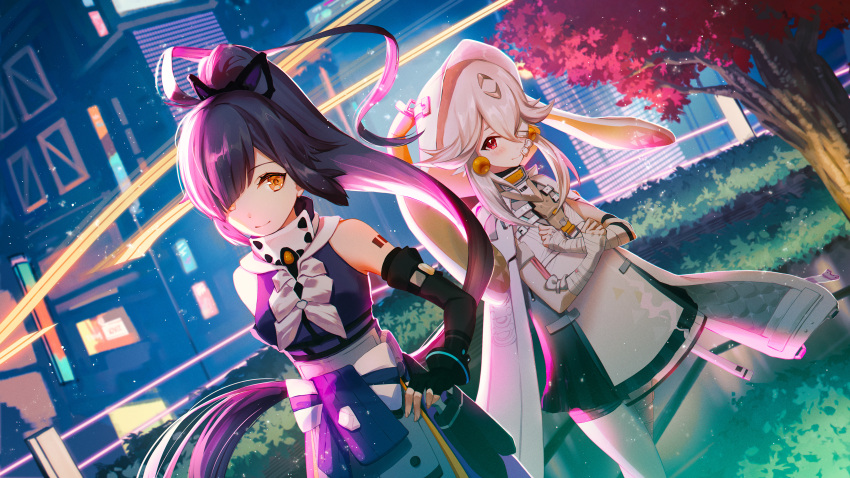 2girls, absurdres, animal_collar, bandaged_arm, bandages, bangs, capelet, champi