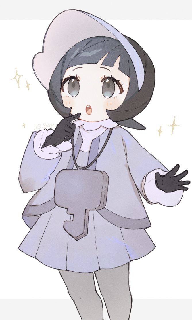 1girl, :o, bangs, black_gloves, black_hair, blush, bonnet, cardigan, commentary_request, dress, eyelashes, female_child, gloves, grey_cardigan, grey_dress, grey_eyes, hadu_eru, hand_up, index_finger_raised, long_sleeves, looking_up, medium_hair, open_mouth, pantyhose, pleated_dress, pokemon, pokemon_(game), pokemon_sv, poppy_(pokemon), solo, sparkle, teeth, tongue, upper_teeth, white_background