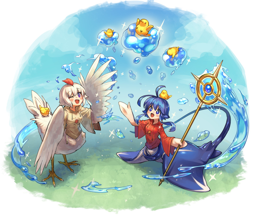 2girls, absurdres, ahoge, animal, animal_on_head, arm_up, artist_name, bird