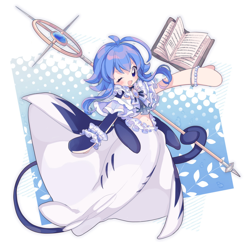 :d, blue_eyes, blue_hair, blush, book, bracelet, brooch, commission