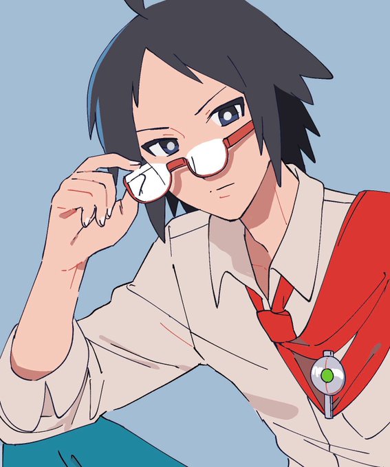 1boy, adjusting_eyewear, ahoge, black_hair, blue_background, blue_eyes, cheren_(pokemon), collarbone