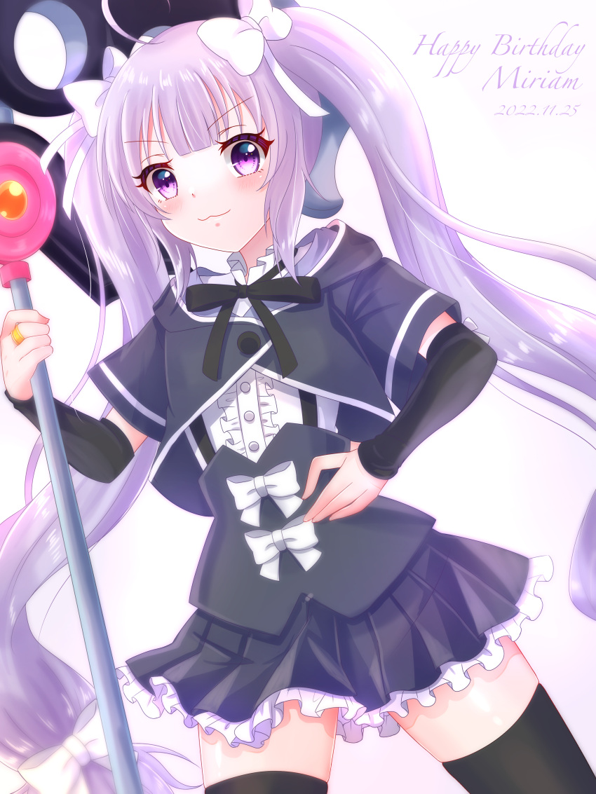 >:), 1girl, :3, absurdres, ahoge, anjou_seira, assault_lily, bangs, black_thighhighs, blunt_bangs, blush, bow, buttons, center_frills, character_name, closed_mouth, collared_shirt, commentary_request, corset, cowboy_shot, cropped_jacket, dated, detached_sleeves, dutch_angle, fingernails, frilled_shirt_collar, frilled_skirt, frills, gradient, gradient_background, hair_bow, hand_on_hip, hand_up, happy_birthday, highres, holding, holding_polearm, holding_weapon, hood, hood_down, jewelry, long_hair, long_sleeves, looking_at_viewer, miniskirt, miriam_hildegard_von_gropius, pleated_skirt, polearm, purple_background, purple_hair, ring, school_uniform, shirt, short_sleeves, skirt, sleeves_past_wrists, solo, standing, suspenders, thigh-highs, twintails, underbust, v-shaped_eyebrows, very_long_hair, violet_eyes, weapon, white_background, white_bow, white_shirt, yurigaoka_girls_academy_school_uniform, zettai_ryouiki