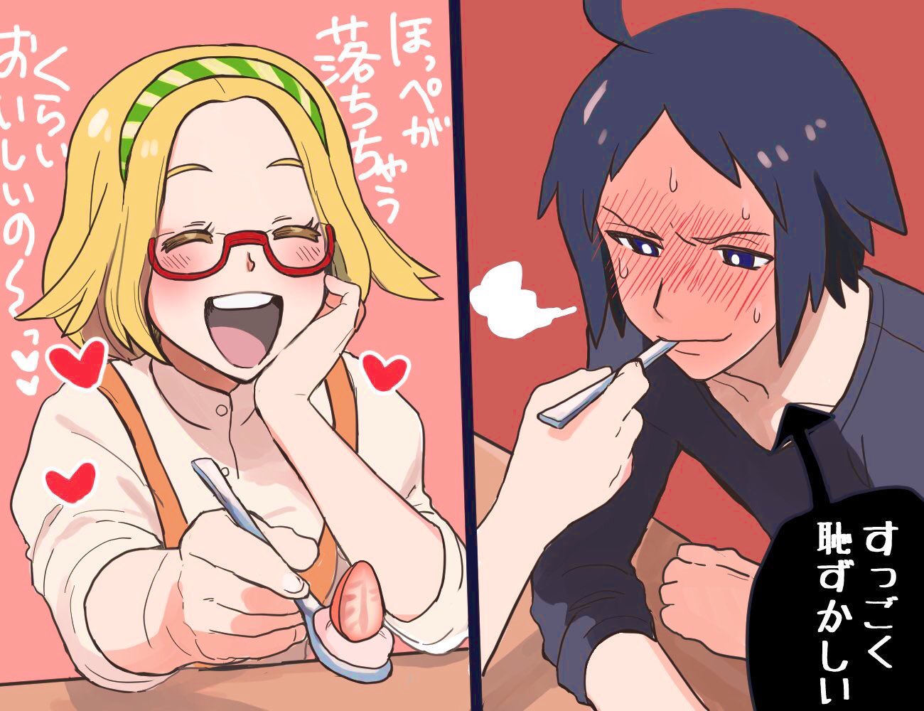 1boy, 1girl, alternate_costume, bianca_(pokemon), black_hair, black_shirt, blonde_hair, blush