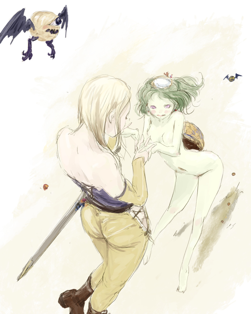 2girls, ass, blonde_hair, blue_eyes, blue_shirt, boots, celes_chere, final_fantasy, final_fantasy_vi, green_hair, highres, hip_vent, juju_(poipoipui), kappa, long_hair, multiple_girls, pants, scabbard, sheath, sheathed, shirt, short_hair, sword, tina_branford, wavy_hair, weapon, yellow_pants