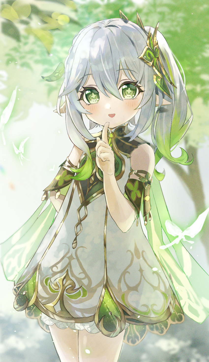 1girl, :d, bangs, bloomers, blurry, commentary_request, depth_of_field, detached_sleeves