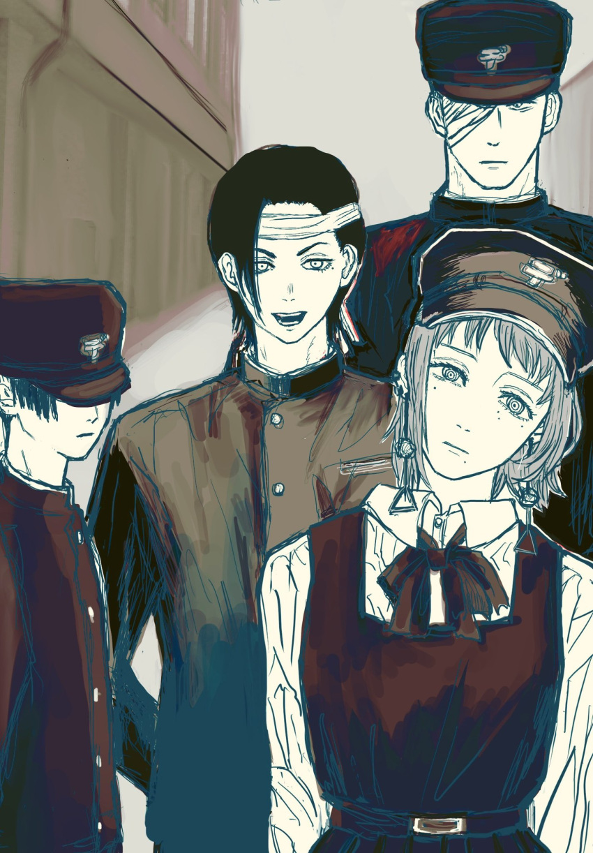 1girl, 3boys, akoku_seigi, belt, black_hair, black_jacket, black_ribbon, chainsaw_man, collared_shirt, dress, earrings, gakuran, grey_hair, hat, head_tilt, headband, highres, iseumi_haruka_(chainsaw_man), jacket, jewelry, looking_at_viewer, medium_hair, military_hat, mole, mole_under_eye, mole_under_mouth, multiple_boys, open_mouth, pinafore_dress, ribbon, ringed_eyes, school_uniform, shirt, short_hair, single_sidelock, sky8bow, smile, tassel, tassel_earrings, white_shirt, yoru's_sister_(chainsaw_man)