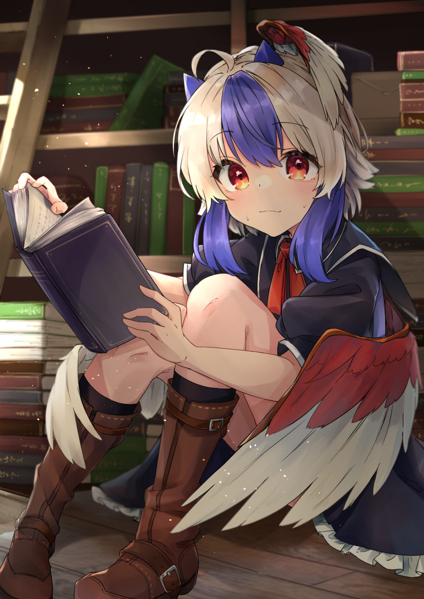 1girl, ahoge, bangs, bird_wings, blue_hair, book, book_stack, bookshelf