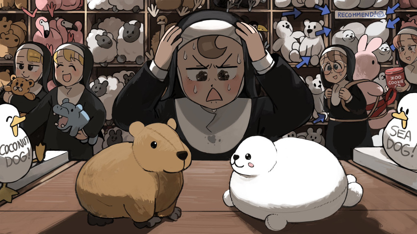 5girls, :d, bird, blonde_hair, blue_eyes, body_writing, brown_eyes, brown_hair, catholic, chicken, clumsy_nun_(diva), diva_(hyxpk), duck, english_commentary, froggy_nun_(diva), glasses, glasses_nun_(diva), habit, highres, hungry_nun_(diva), little_nuns_(diva), multiple_girls, nun, round_eyewear, smile, spicy_nun_(diva), stuffed_animal, stuffed_bunny, stuffed_capybara, stuffed_cheetah, stuffed_hippopotamus, stuffed_ostrich, stuffed_pelican, stuffed_polar_bear, stuffed_seal, stuffed_sheep, stuffed_toucan, stuffed_toy, sweat, sweating_profusely, triangle_mouth