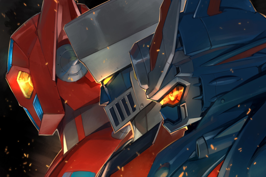 absurdres, black_background, embers, getter-1, getter_robo, glowing, glowing_eyes, highres, mazinger_(series), mazinger_z, mazinger_z_(mecha), mecha, megaton_musashi, musashi_(megaton_musashi), no_humans, profile, robot, shimizu_eiichi, shimoguchi_tomohiro, super_robot