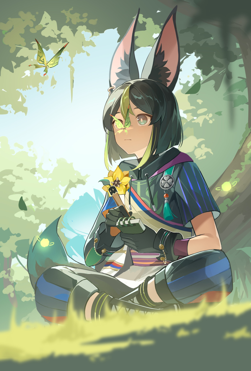 absurdres, animal_ear_fluff, animal_ears, bangs, black_footwear, black_gloves, black_hair, black_hoodie