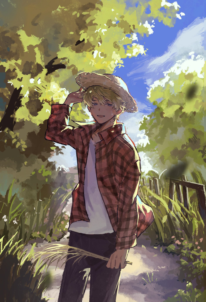 1boy, adjusting_clothes, adjusting_headwear, bangs, blonde_hair, blue_eyes, clouds, cnzatsu8