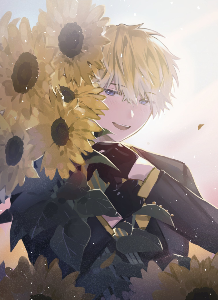 1boy, bangs, black_gloves, blonde_hair, blue_eyes, cnzatsu8, flower, formal