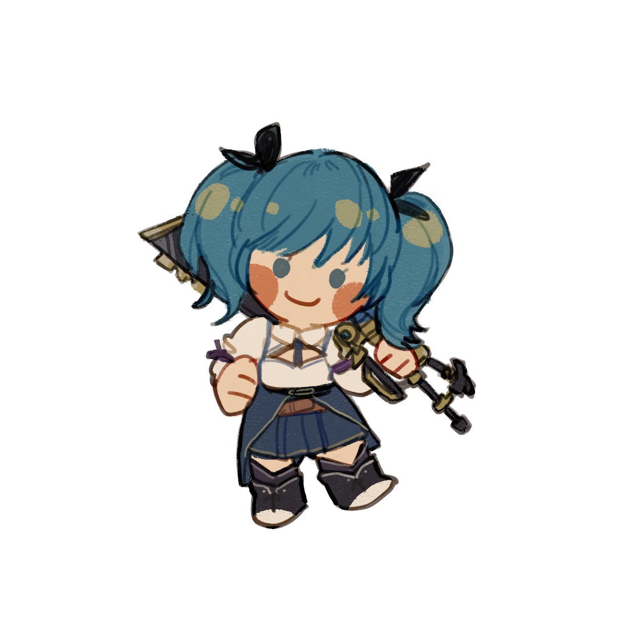 1girl, aqua_hair, assault_lily, bangs, belt, black_footwear, black_necktie, black_ribbon, black_thighhighs, blue_skirt, blush, boots, brown_belt, chibi, closed_mouth, collared_shirt, commentary, full_body, grey_eyes, hair_ribbon, hands_up, highres, holding, holding_sword, holding_weapon, juliet_sleeves, kajiki_arashi, long_sleeves, looking_at_viewer, medium_hair, necktie, odaiba_girls_high_school_uniform, over_shoulder, pleated_skirt, puffy_sleeves, purple_ribbon, ribbon, school_uniform, shirt, simple_background, skirt, sleeve_ribbon, smile, solid_circle_eyes, solo, standing, suzuki_chinami, sword, sword_over_shoulder, thigh-highs, thighhighs_under_boots, twintails, waist_cape, weapon, weapon_over_shoulder, white_background, white_shirt