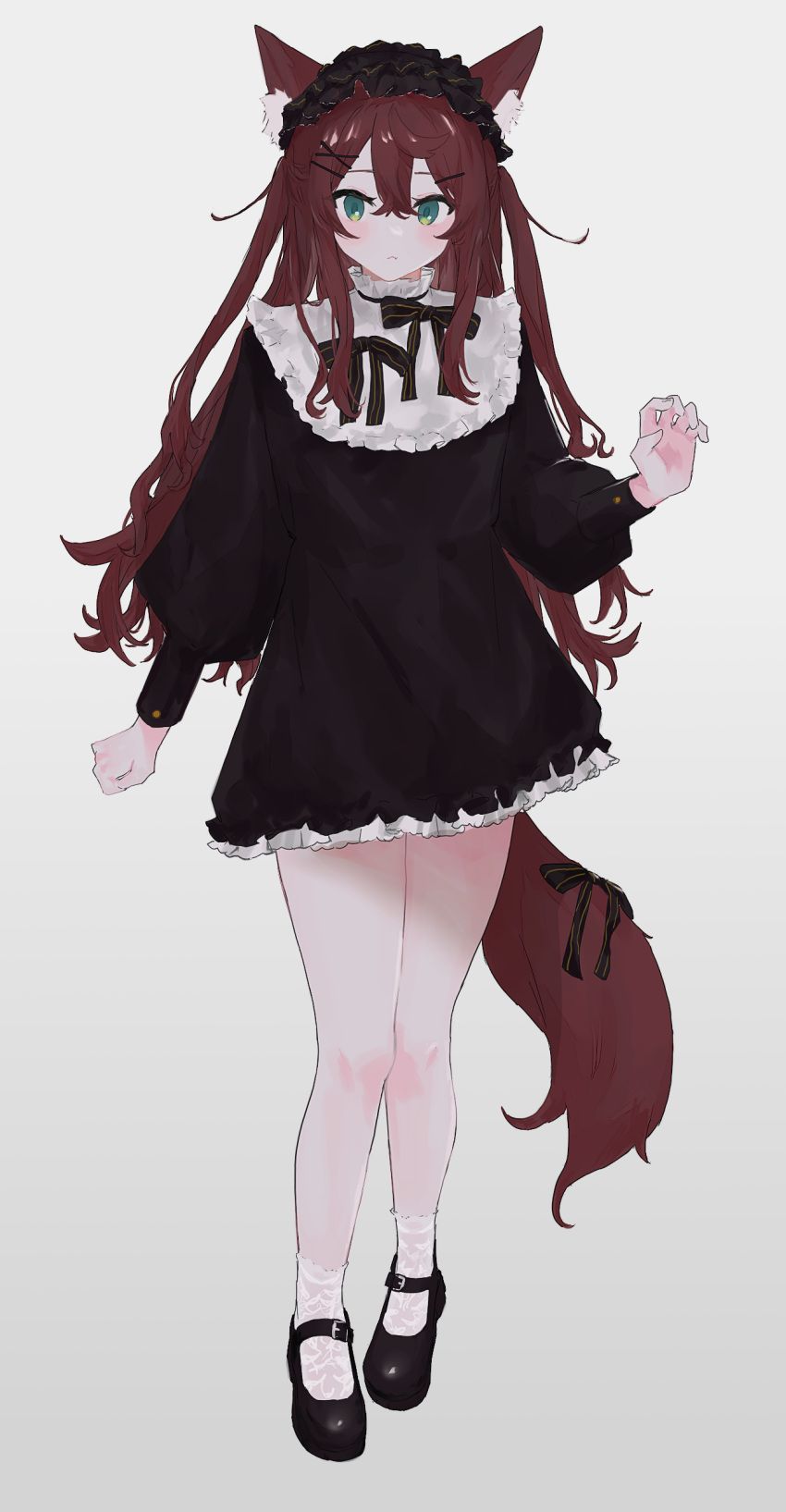:3, absurdres, animal_ear_fluff, animal_ears, black_bow, black_dress, black_footwear, bow, brown_hair, chamu_(kohaku_sogo), dress, fang, full_body, gradient, gradient_background, green_eyes, grey_background, hairband, highres, kohaku_sogo, lolita_hairband, long_hair, long_sleeves, mary_janes, original, puffy_long_sleeves, puffy_sleeves, ribbon, shoes, skin_fang, socks, standing, striped, striped_bow, striped_ribbon, tail, tail_bow, tail_ornament, two_side_up, white_socks, wolf_ears, wolf_tail