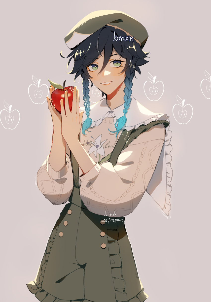 1boy, absurdres, apple, apple_print, artist_name, bangs, braid, buttons