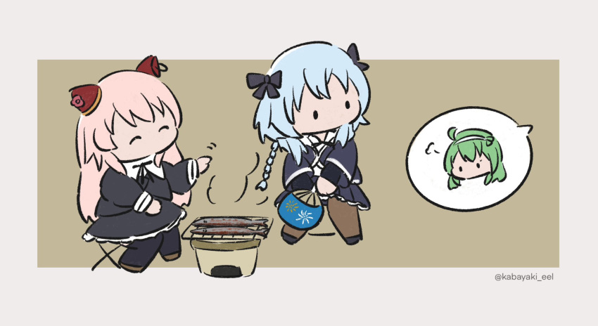 3girls, =3, ^_^, ahoge, assault_lily, bangs, black_bow, black_footwear