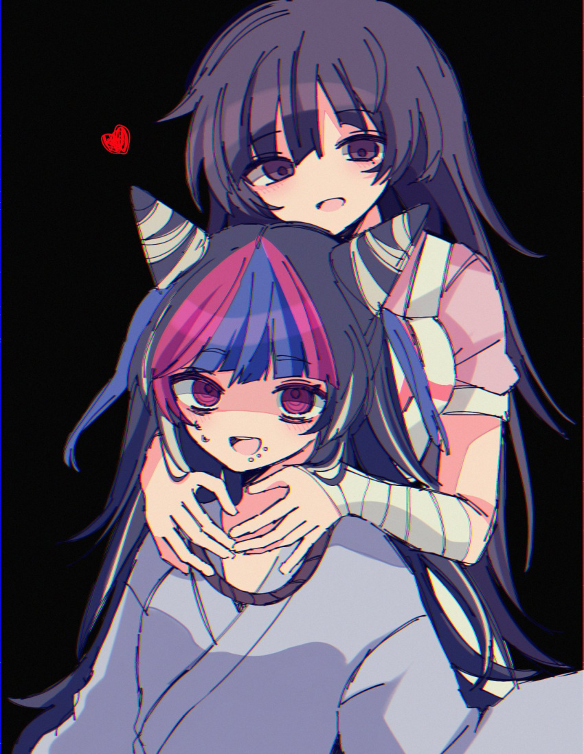 2girls, :d, apron, bandaged_arm, bandages, bangs, black_background, black_hair