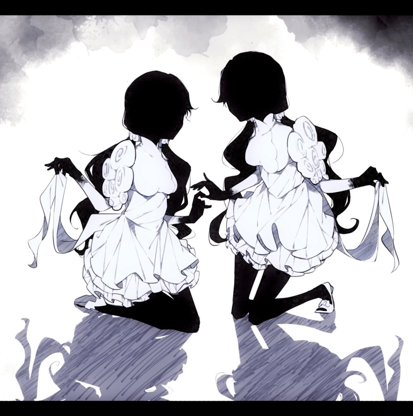 2girls, clothes_lift, dress, frills, full_body, hair_tie, highres, isabelle_(shadows_house)