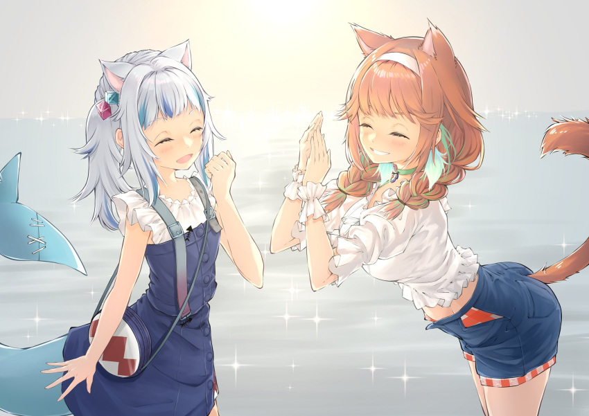 2girls, animal_ears, asgr_yuma, bag, beach, cat_ears, cat_tail, closed_eyes, feathers, fish_tail, gawr_gura, handbag, highres, hololive, hololive_english, multiple_girls, orange_hair, shark_tail, shirt, shorts, side_ponytail, tail, takanashi_kiara, white_shirt, yuri