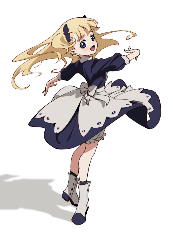 1girl, apron, bangs, blonde_hair, blue_bow, blue_dress, blue_eyes, blunt_bangs